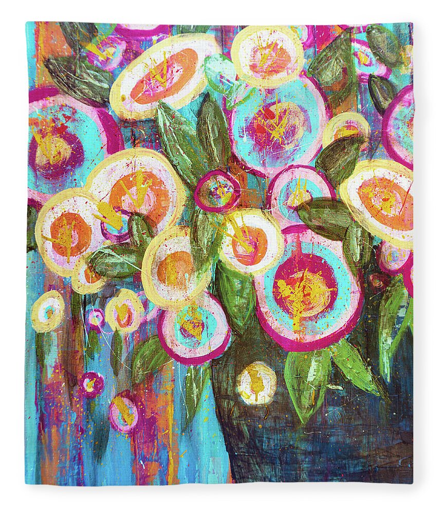 Carnation Fleece Blanket featuring the painting Carnations and Roses Abstract Teal Bouquet by Joanne Herrmann