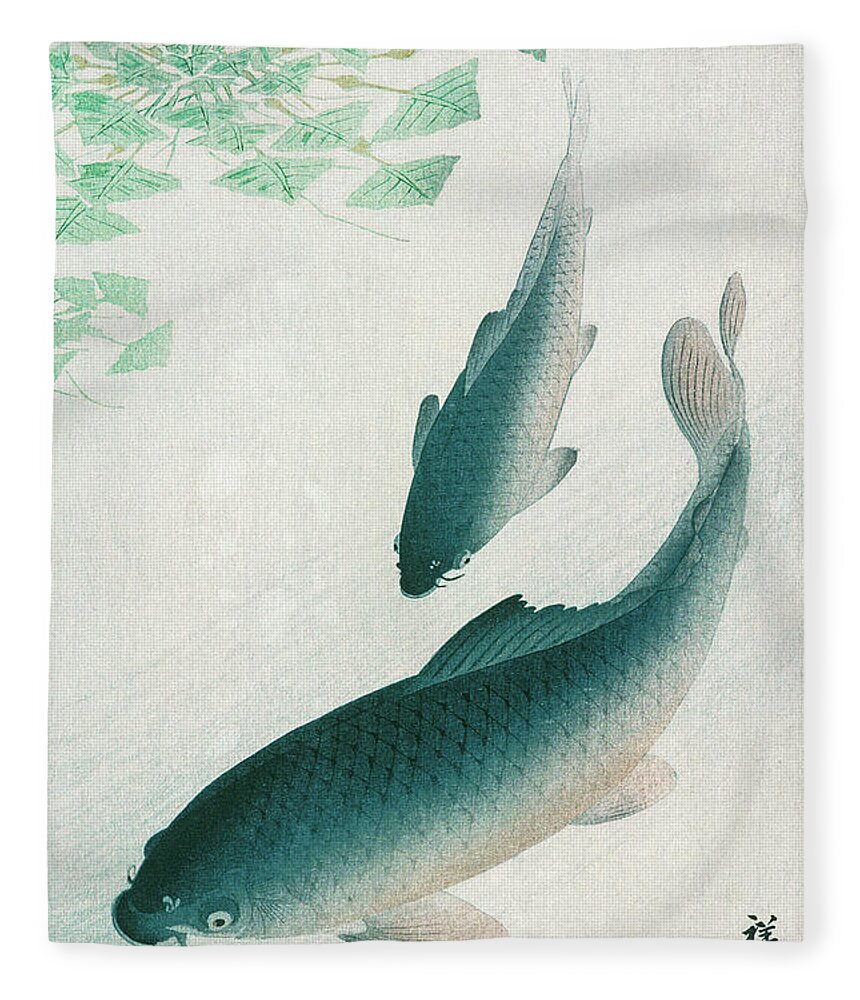 Fish Fleece Blanket featuring the painting Carp or Koi by Ohara Koson