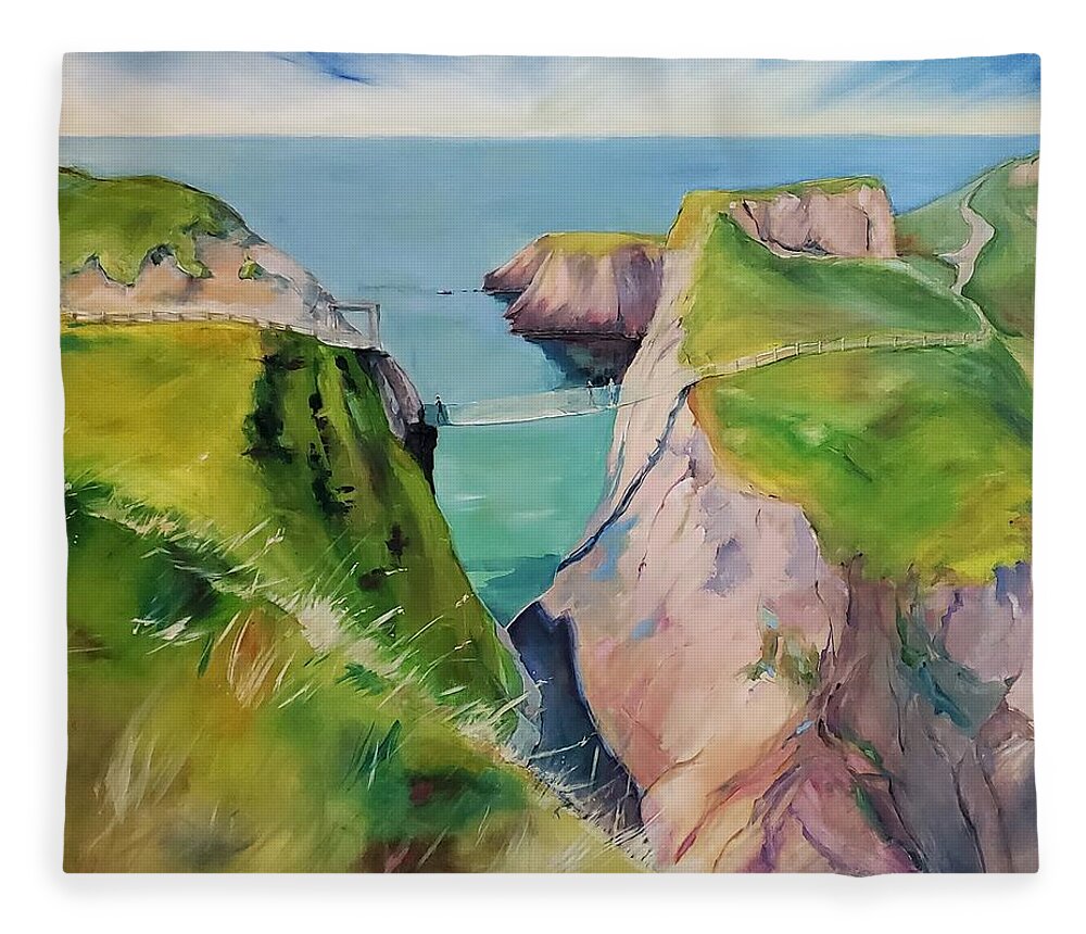 Landscape Fleece Blanket featuring the painting Carrick-a-Rede Rope Bridge by Sheila Romard