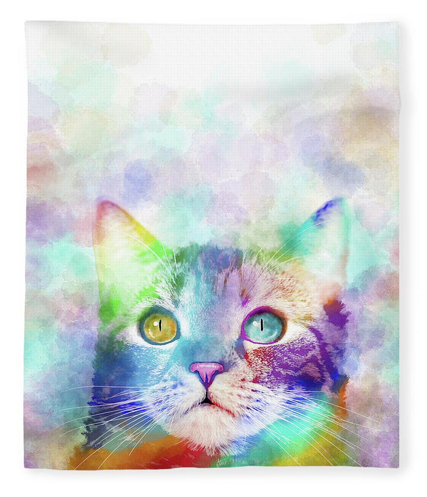 Cat Fleece Blanket featuring the digital art Cat 663 multicolor cat by artist Lucie Dumas by Lucie Dumas