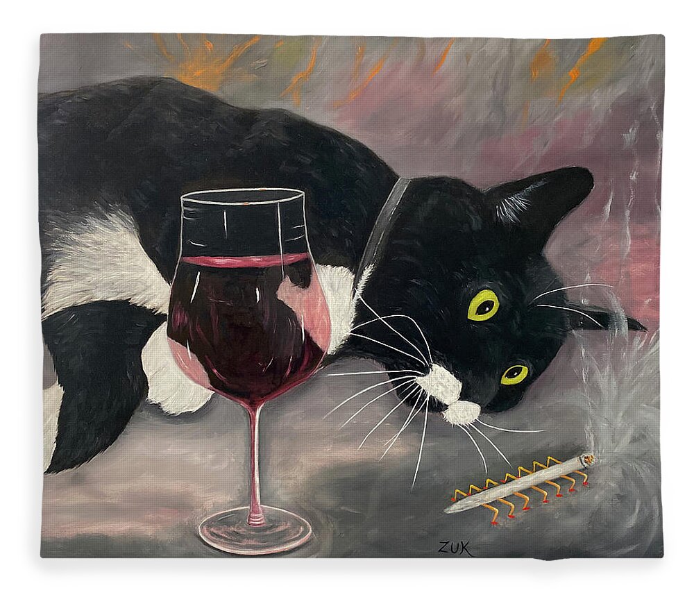 Funny Tuxedo Cat Fleece Blanket featuring the painting Cat Dreaming by Karen Zuk Rosenblatt