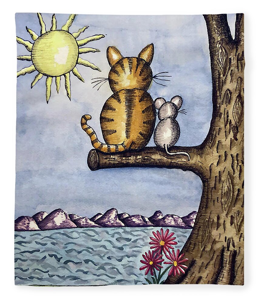 Childrens Art Fleece Blanket featuring the painting Cat Mouse Sun by Christina Wedberg