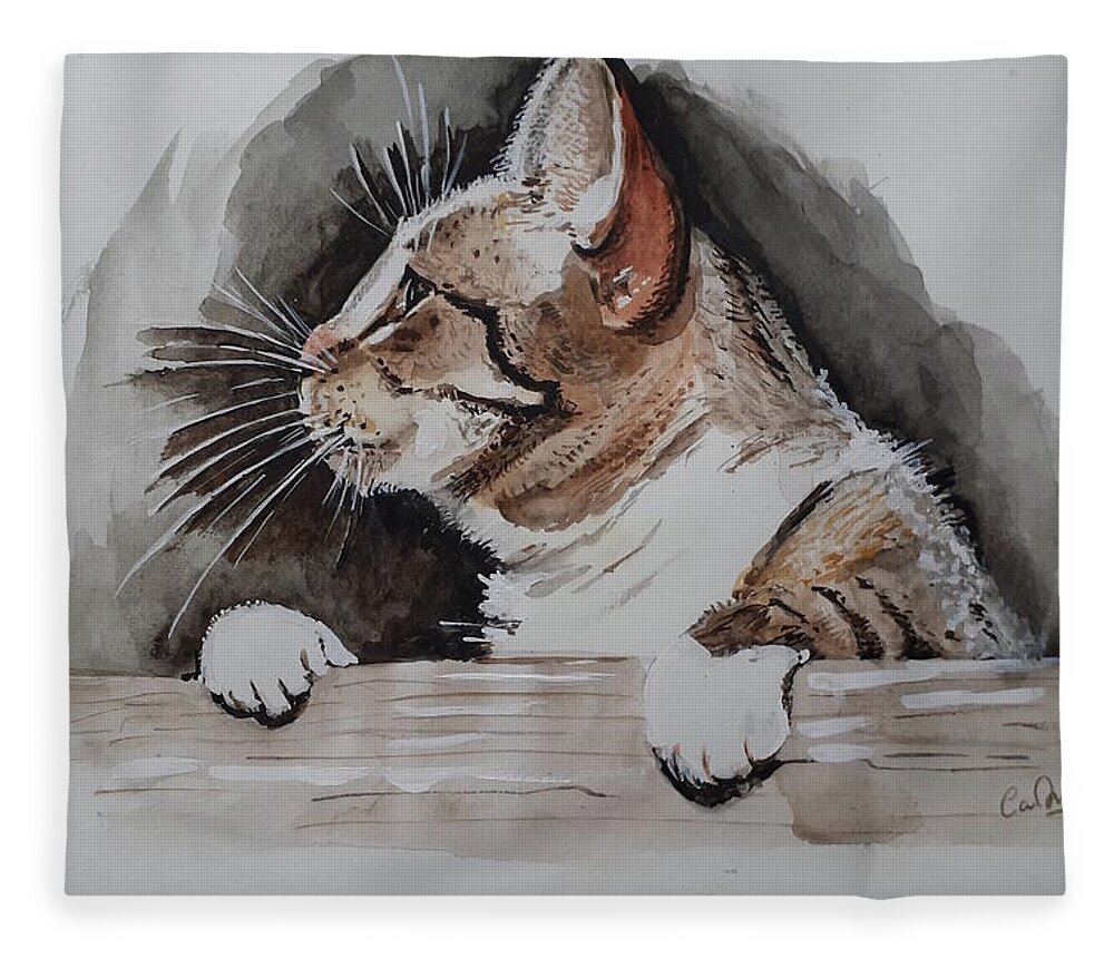 Cat Fleece Blanket featuring the drawing Cat on the wall by Carolina Prieto Moreno