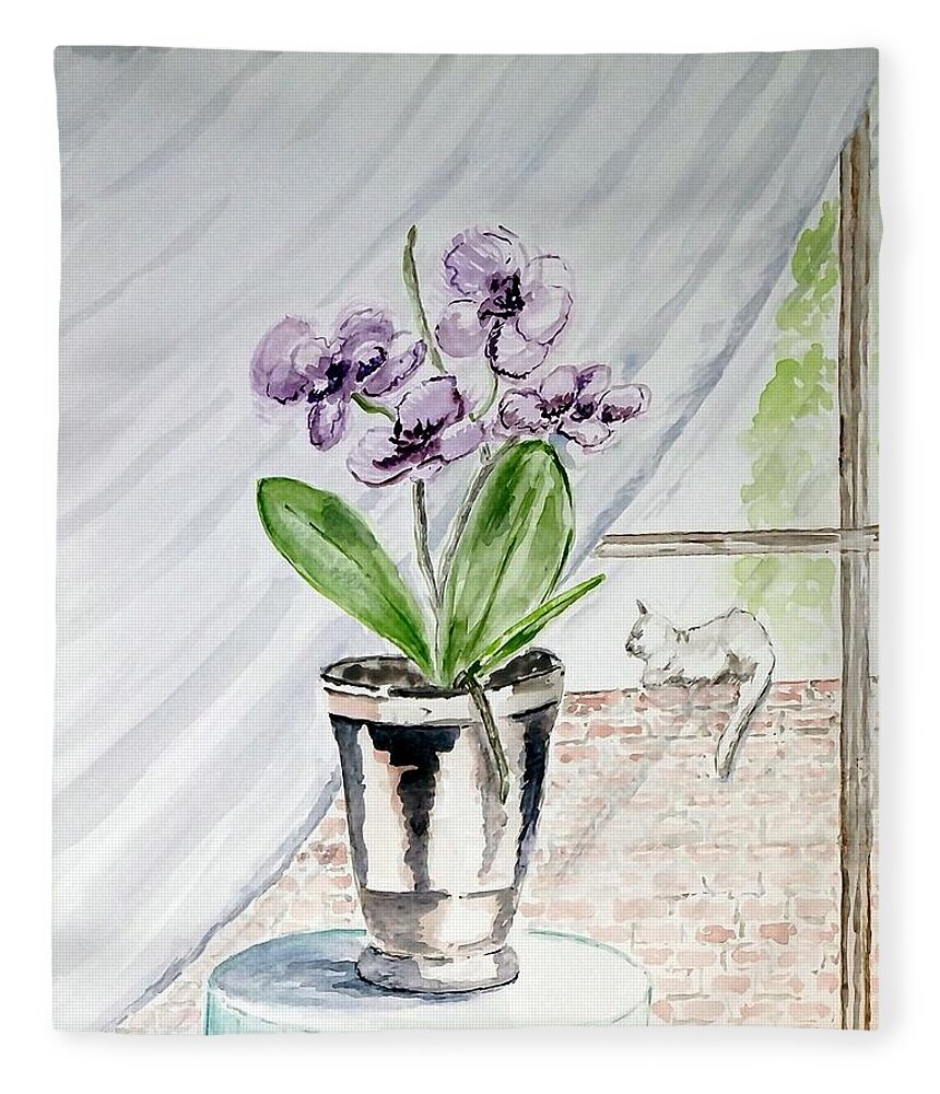 Still Life Fleece Blanket featuring the painting Cat through the Window by Claudette Carlton