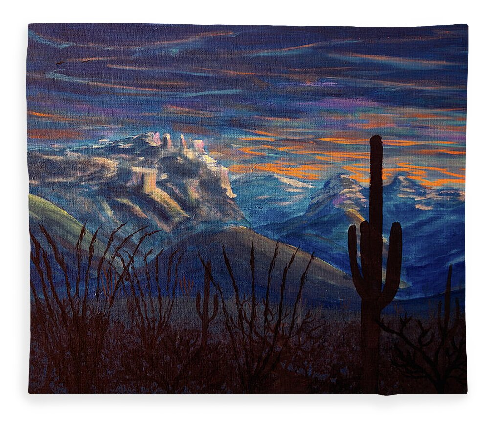 Tucson Fleece Blanket featuring the painting Catalina Mountains Sunrise, Tucson Arizona by Chance Kafka