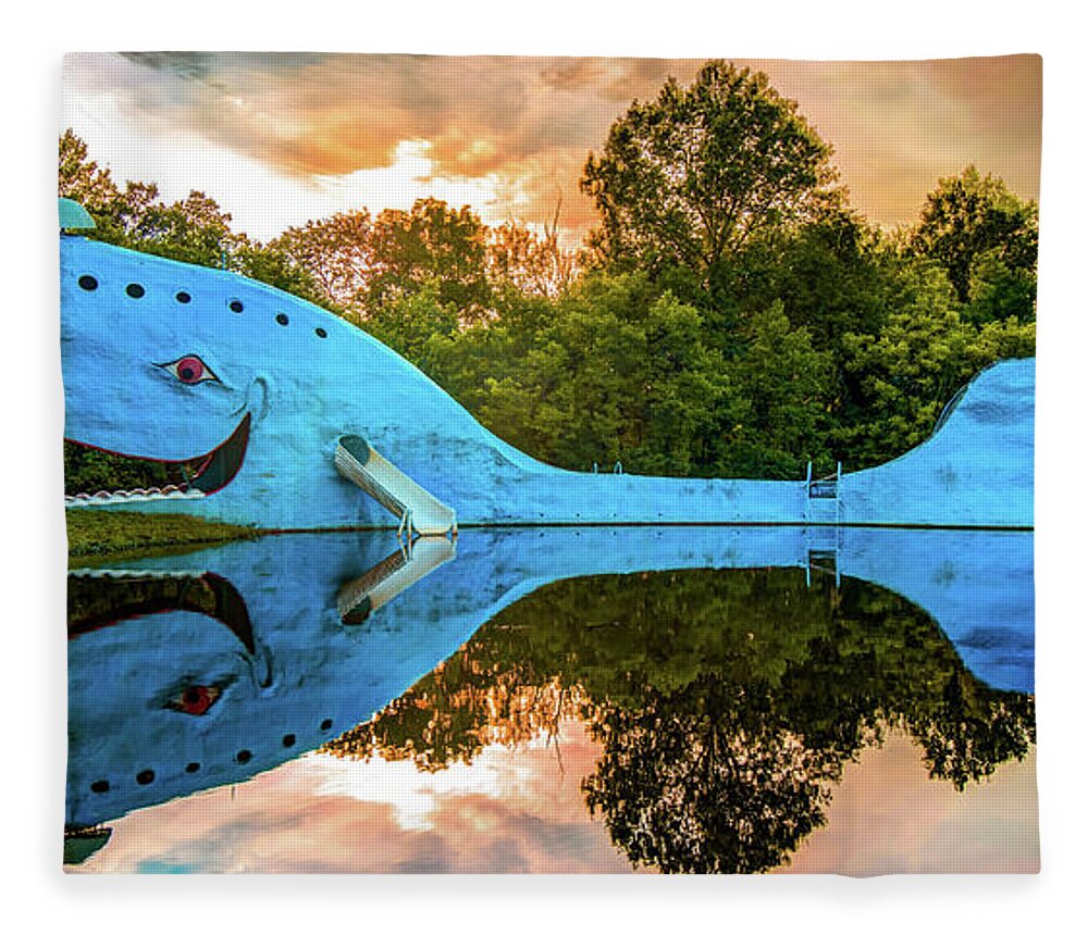 Tulsa Route 66 Fleece Blanket featuring the photograph Catoosa Oklahoma Route 66 Blue Whale Reflections by Gregory Ballos