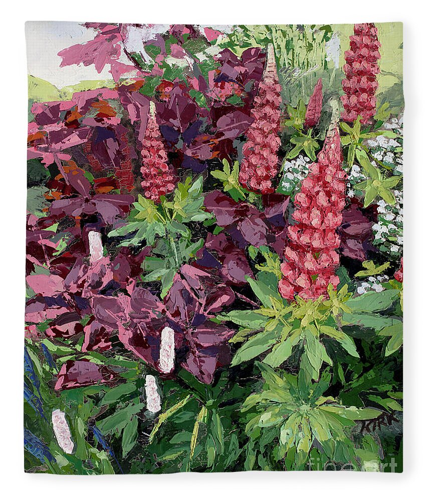 Oil Painting Fleece Blanket featuring the painting Cawdor Castle Lupins, 2015 by PJ Kirk