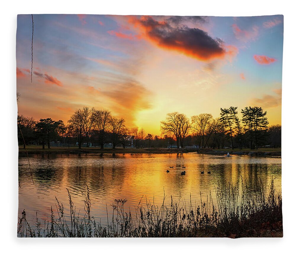Cedar Beach Fleece Blanket featuring the photograph Cedar Beach Sunset with Ducks by Jason Fink