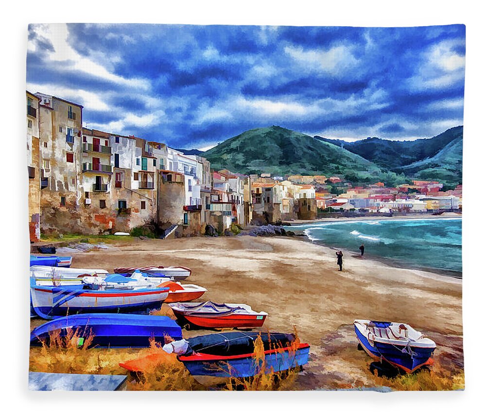 Italy Fleece Blanket featuring the photograph Cefalu Waterfront by Monroe Payne