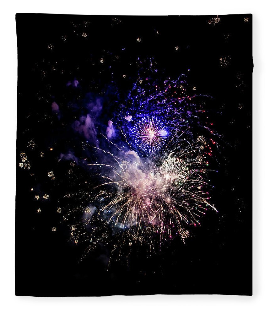 Celebration With Bright Colorful Fireworks Over Black Sky Fleece Blanket featuring the photograph Celebration With Bright Colorful Fireworks Over Black Sky by Andreas Berthold