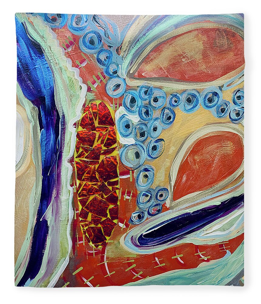 Mixed Media Fleece Blanket featuring the mixed media Cellular Rebirth Abstract With Orange Glass Shards by Debra Amerson