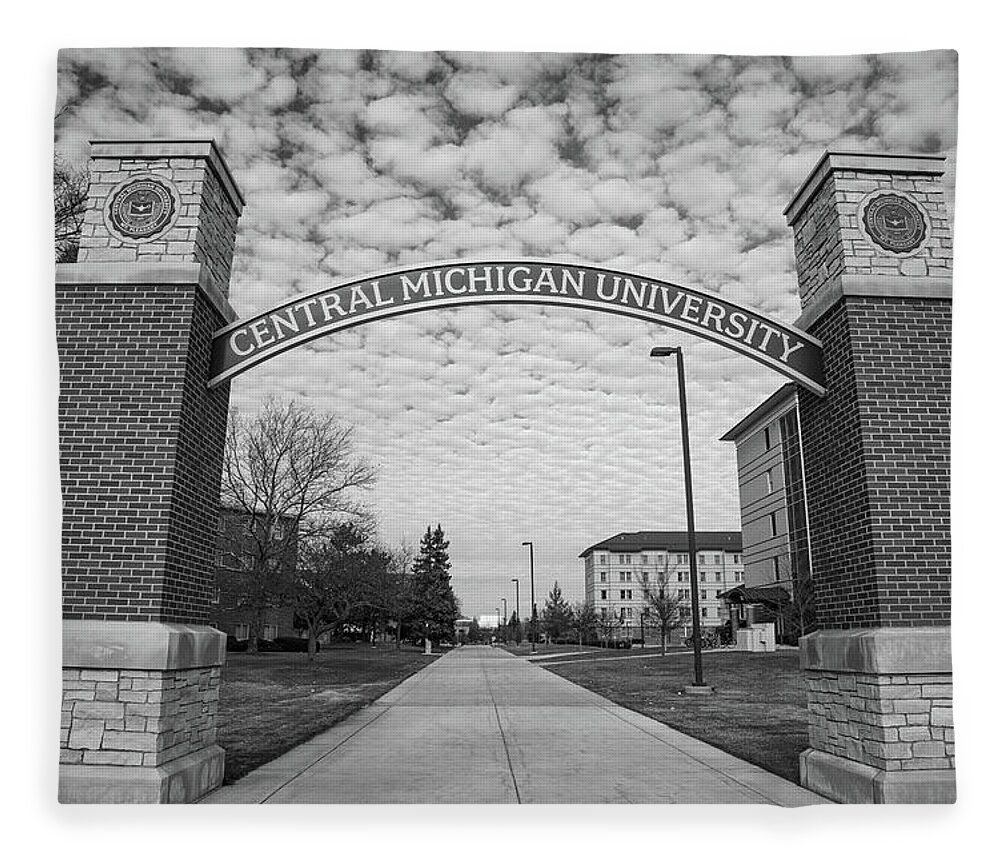 Central Michigan University Chippewas Fleece Blanket featuring the photograph Central Michigan University Archway black and white by Eldon McGraw
