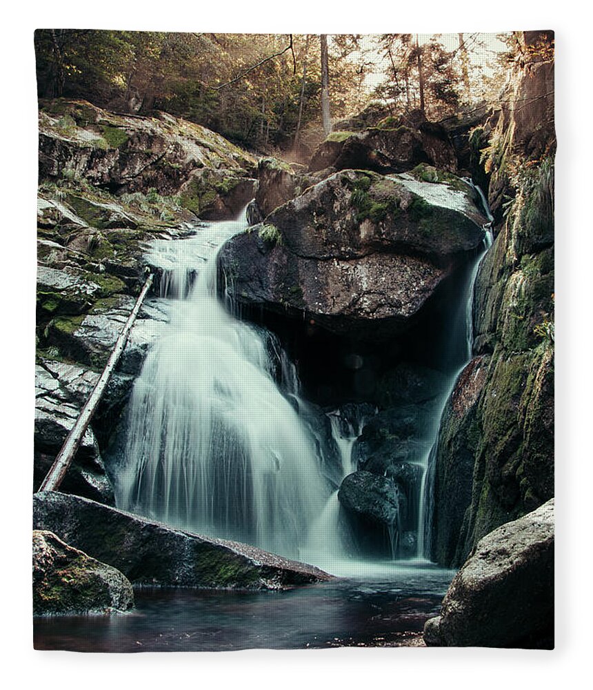 Jizera Mountains Fleece Blanket featuring the photograph Cerny potok waterfall in Jizera mountains at sunset by Vaclav Sonnek