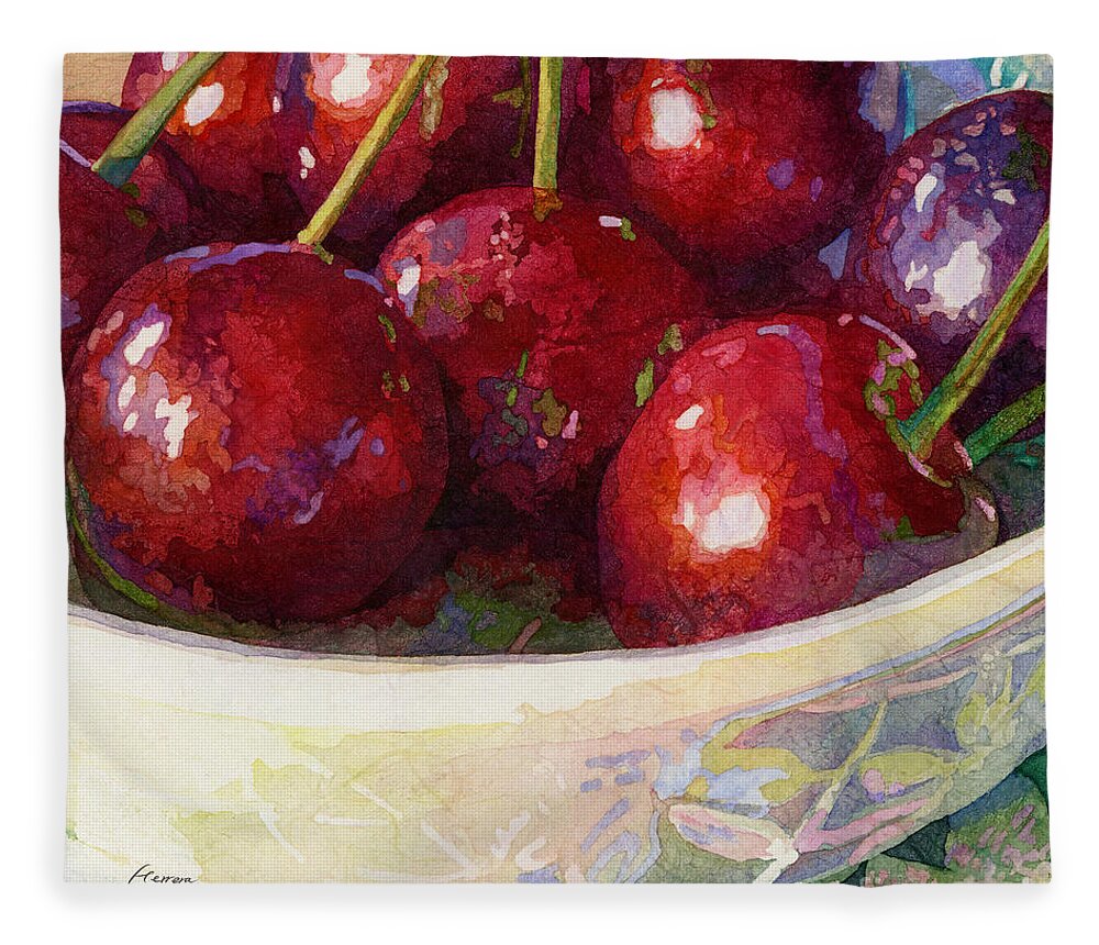 Cherry Fleece Blanket featuring the painting Cherries Jubilee-square format by Hailey E Herrera