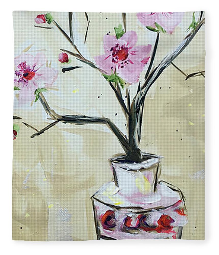 Cherry Blossoms Fleece Blanket featuring the painting Cherry Blossom Stems by Roxy Rich