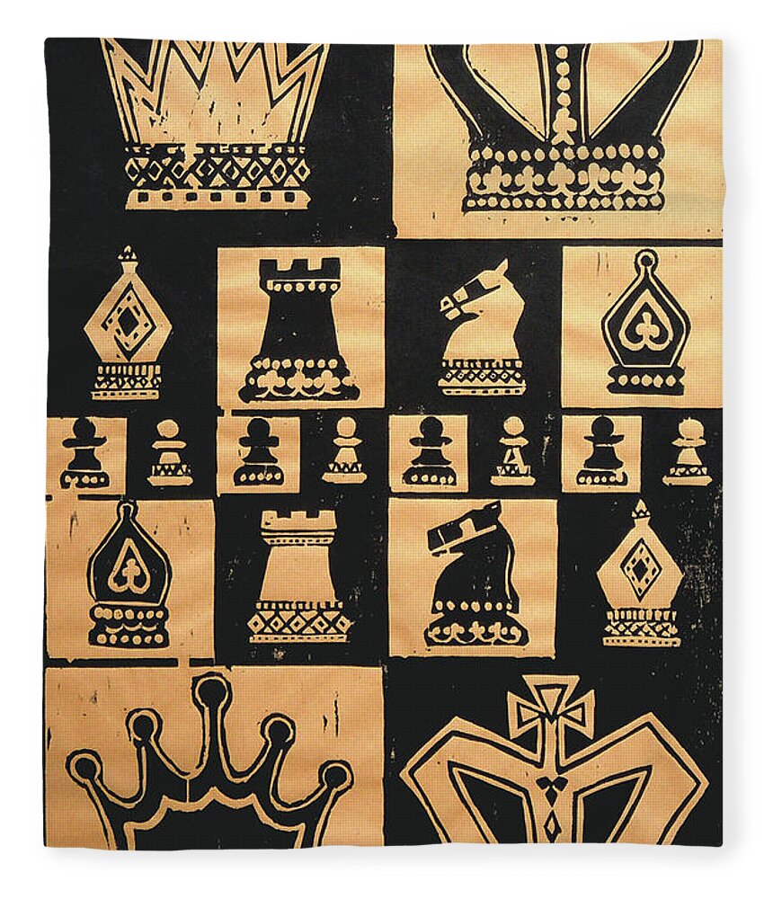 Woodcut Fleece Blanket featuring the painting Chess Woodcut by Mary Helmreich