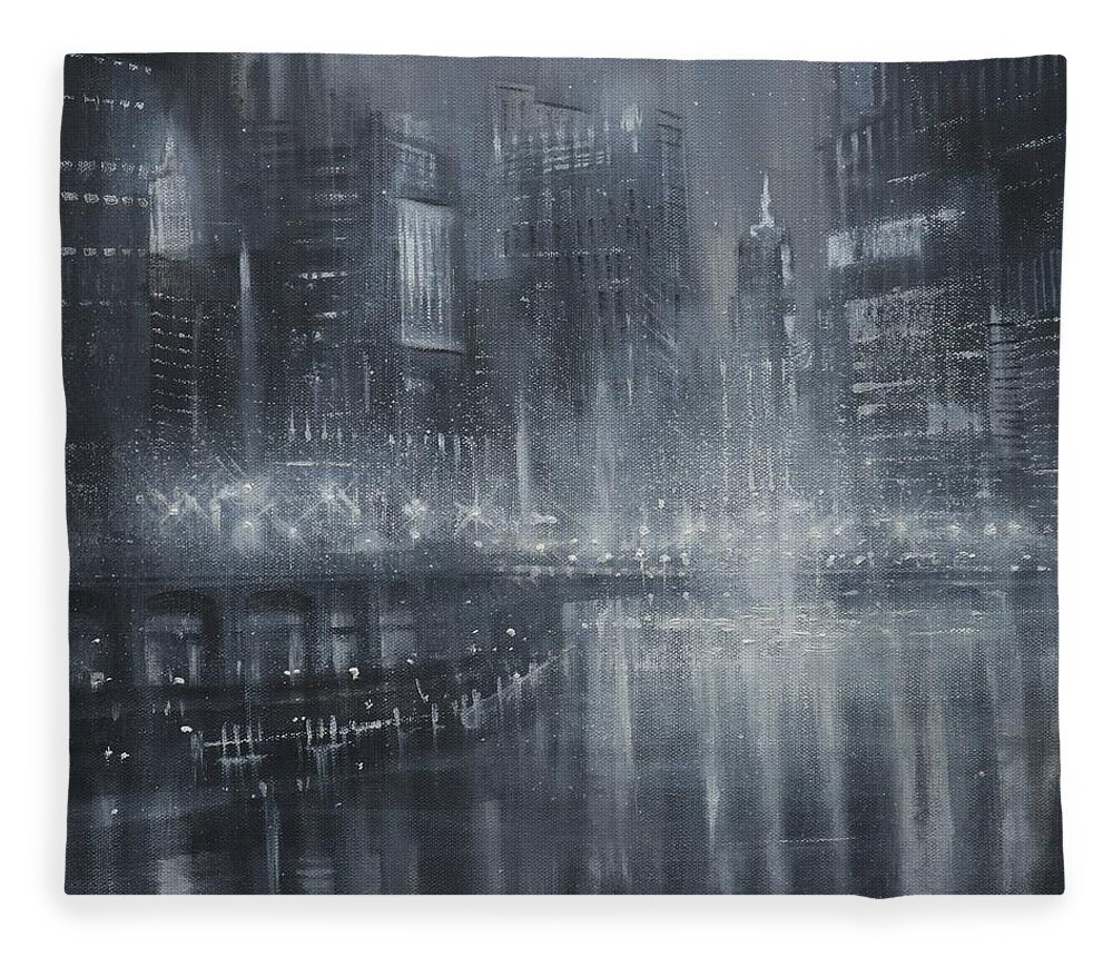 Chicago Fleece Blanket featuring the painting Chicago Noir by Tom Shropshire