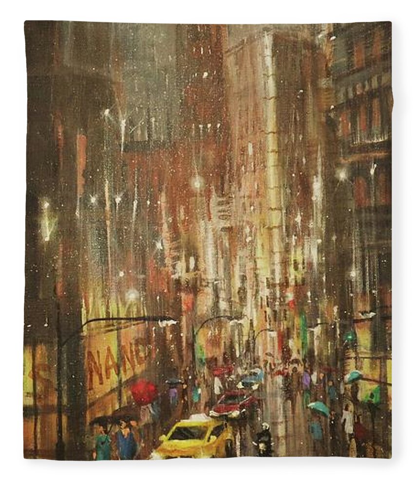 City Rain Fleece Blanket featuring the painting Chicago Rain by Tom Shropshire