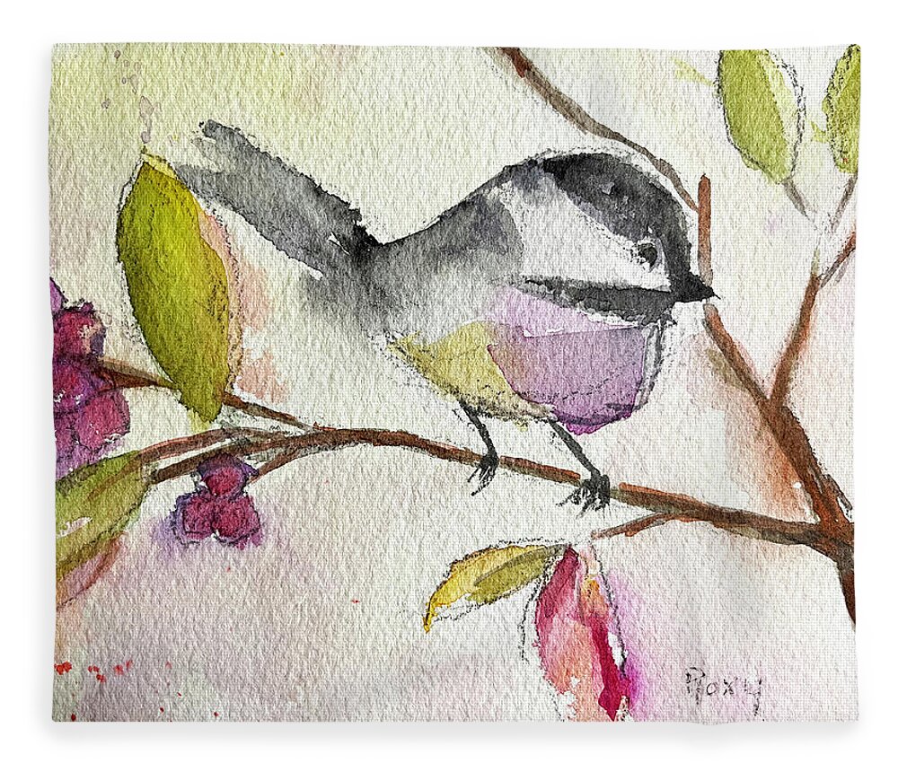 Watercolor Chickadee Fleece Blanket featuring the painting Chickadee perched in a Tree by Roxy Rich