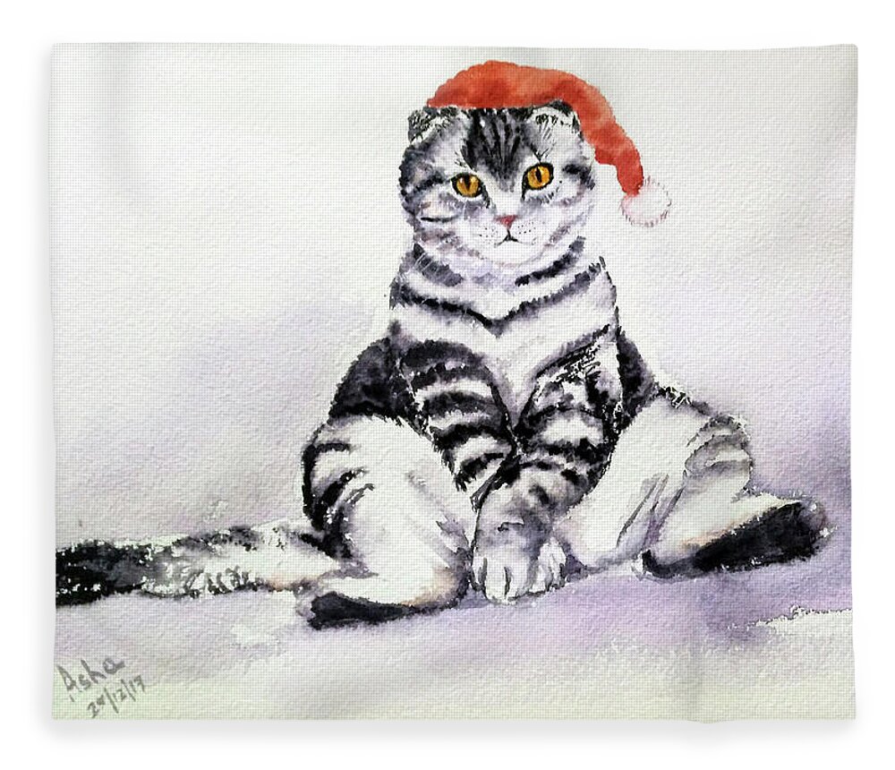 Cat Fleece Blanket featuring the painting Christmas Cat by Asha Sudhaker Shenoy