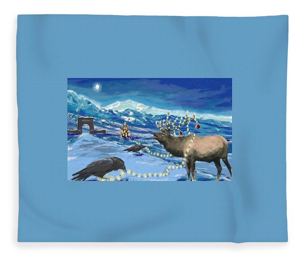 Raven Fleece Blanket featuring the digital art Christmas Elk by Les Herman