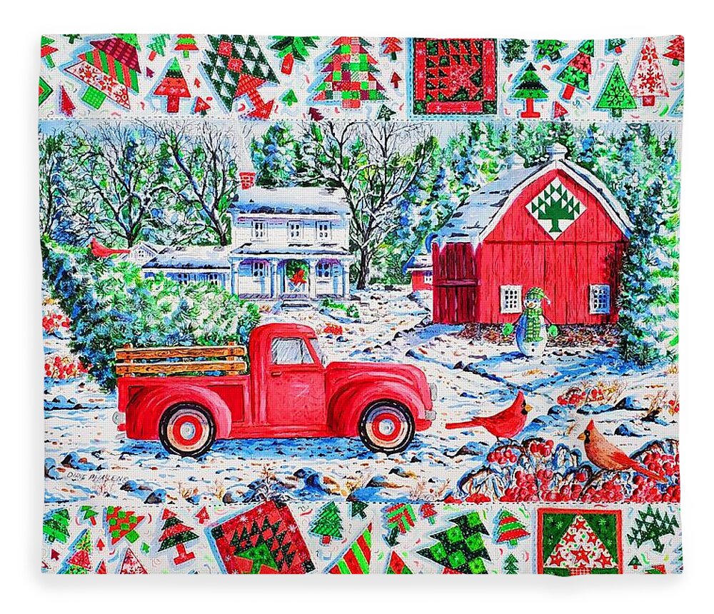 Christmas Fleece Blanket featuring the painting Christmas Red Truck by Diane Phalen