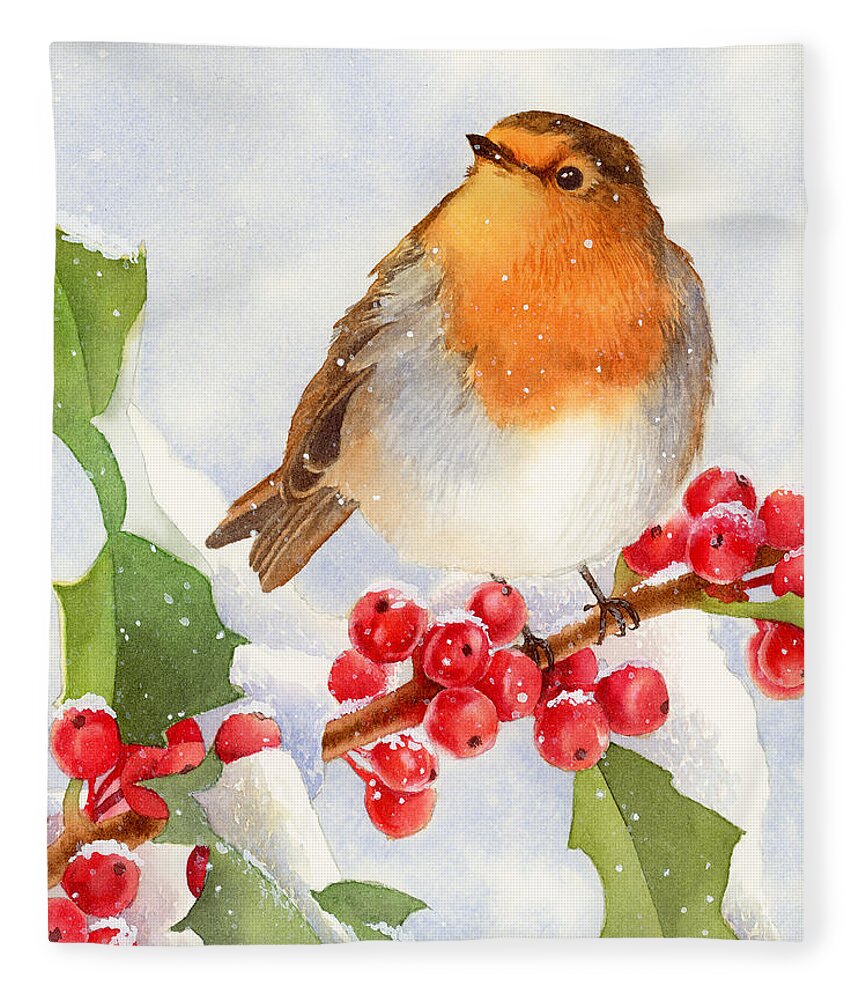 Christmas Fleece Blanket featuring the painting Christmas Robin by Espero Art
