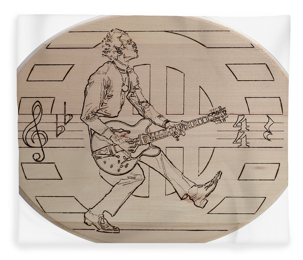 Pyrography Fleece Blanket featuring the pyrography Chuck Berry - Viva Viva Rock 'N' Roll by Sean Connolly