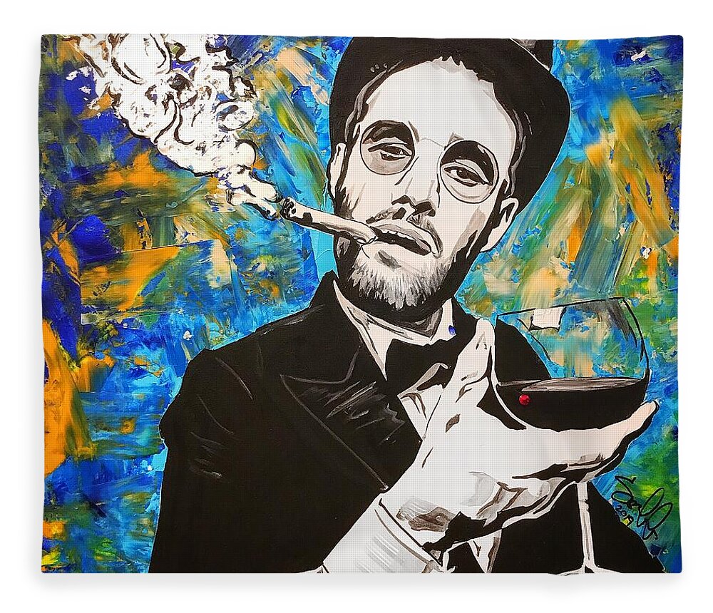 Cigar Fleece Blanket featuring the painting Cigar and some wine by Sergio Gutierrez