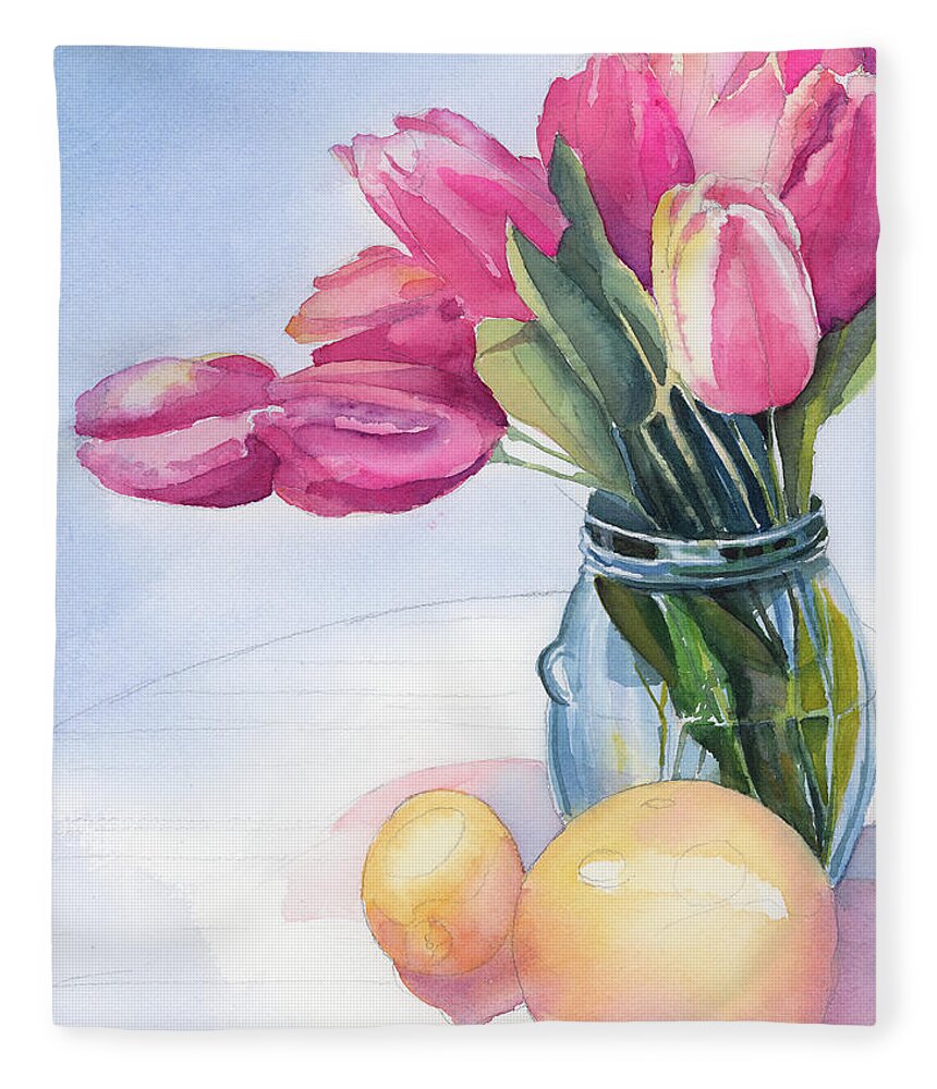 Citrus Fleece Blanket featuring the painting Citrus and Tulip by Lois Blasberg