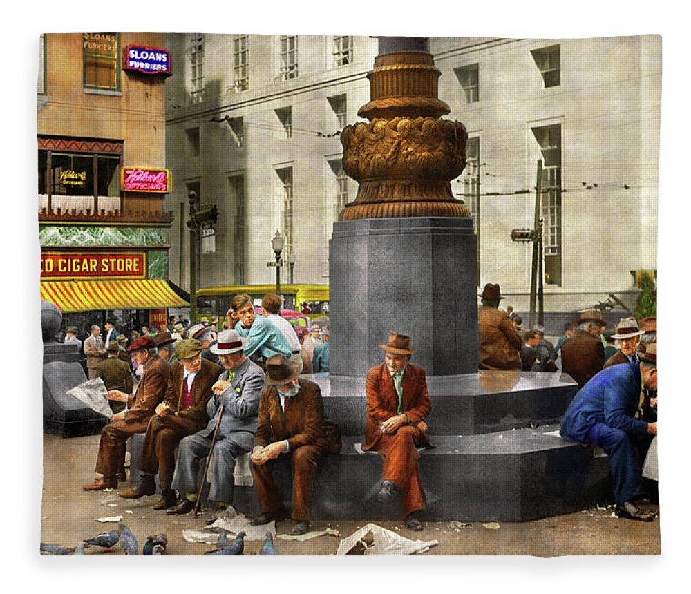 Cincinnati Fleece Blanket featuring the photograph City - Cincinnati, OH - Feeding the pigeons 1938 by Mike Savad