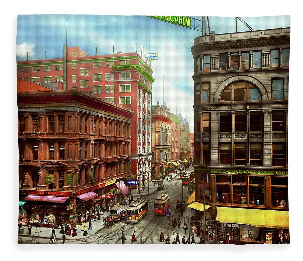 Cincinnati Fleece Blanket featuring the photograph City - Cincinnati, OH - The heart of the city 1907 by Mike Savad