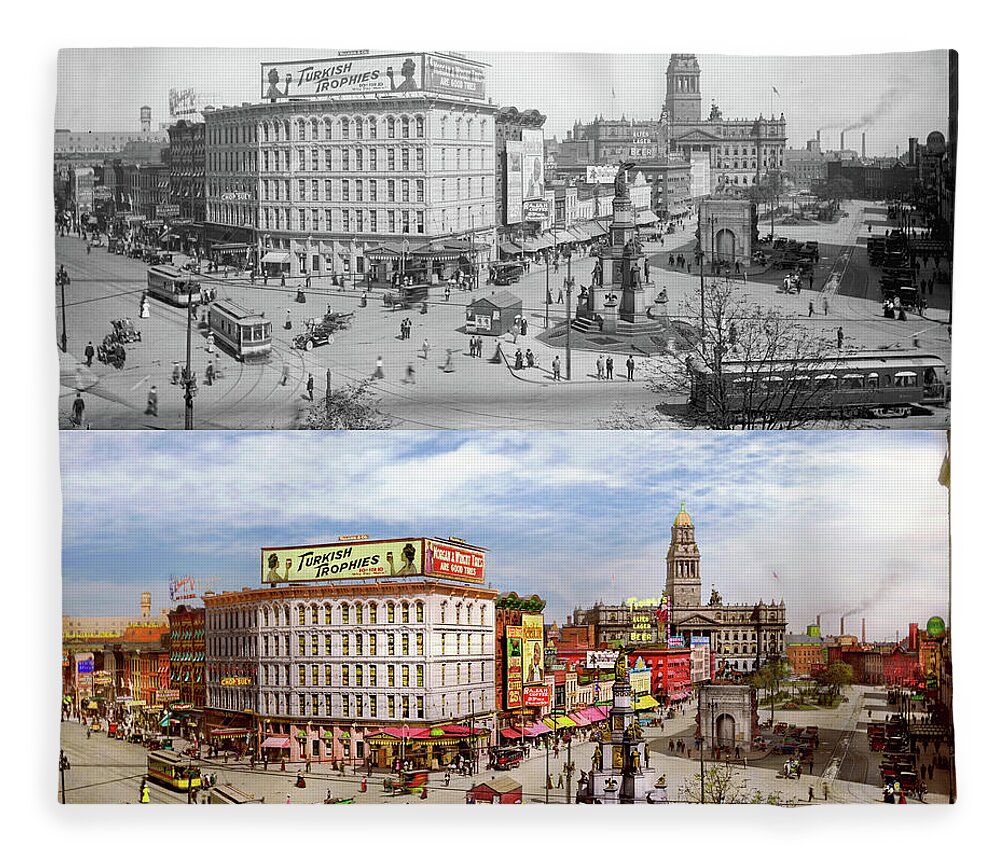 Cadillac Square Fleece Blanket featuring the photograph City - Detroit, MI - Campus Martius 1910 - Side by Side by Mike Savad