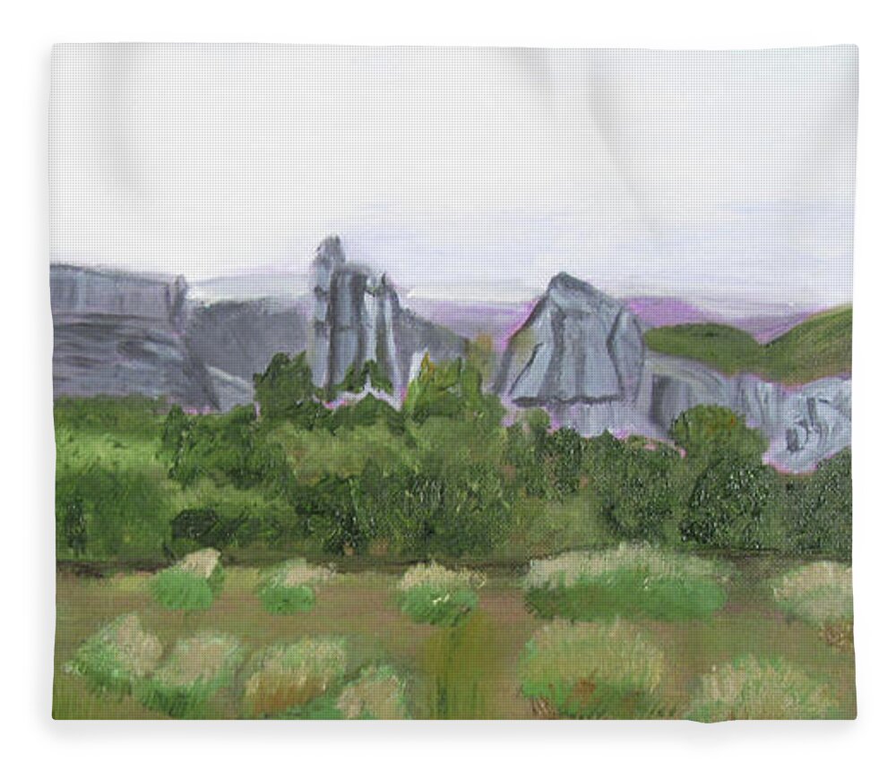 Idaho Fleece Blanket featuring the painting City of Rocks climbing area by Linda Feinberg