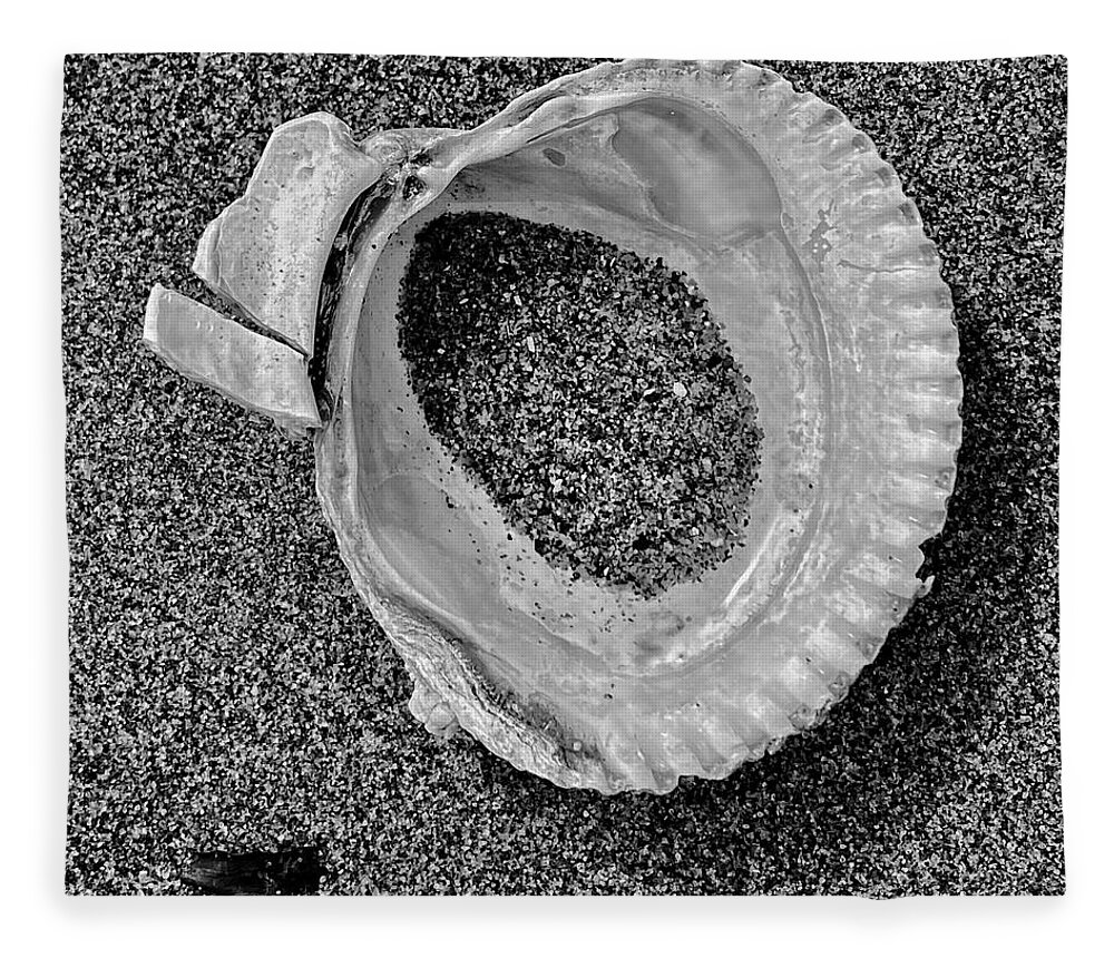 Black And White Fleece Blanket featuring the photograph Clam Shell - Sandy Beach bw by Jerry Abbott