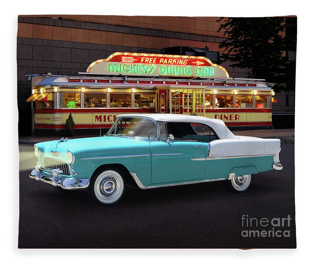 1955 Fleece Blanket featuring the photograph Classic '55 Chevy Convertible At Mickey's Diner by Ron Long