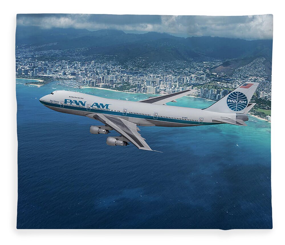 Pan American World Airways Fleece Blanket featuring the mixed media Classic Pan Am Boeing 747 over Waikiki Beach Hawaii by Erik Simonsen
