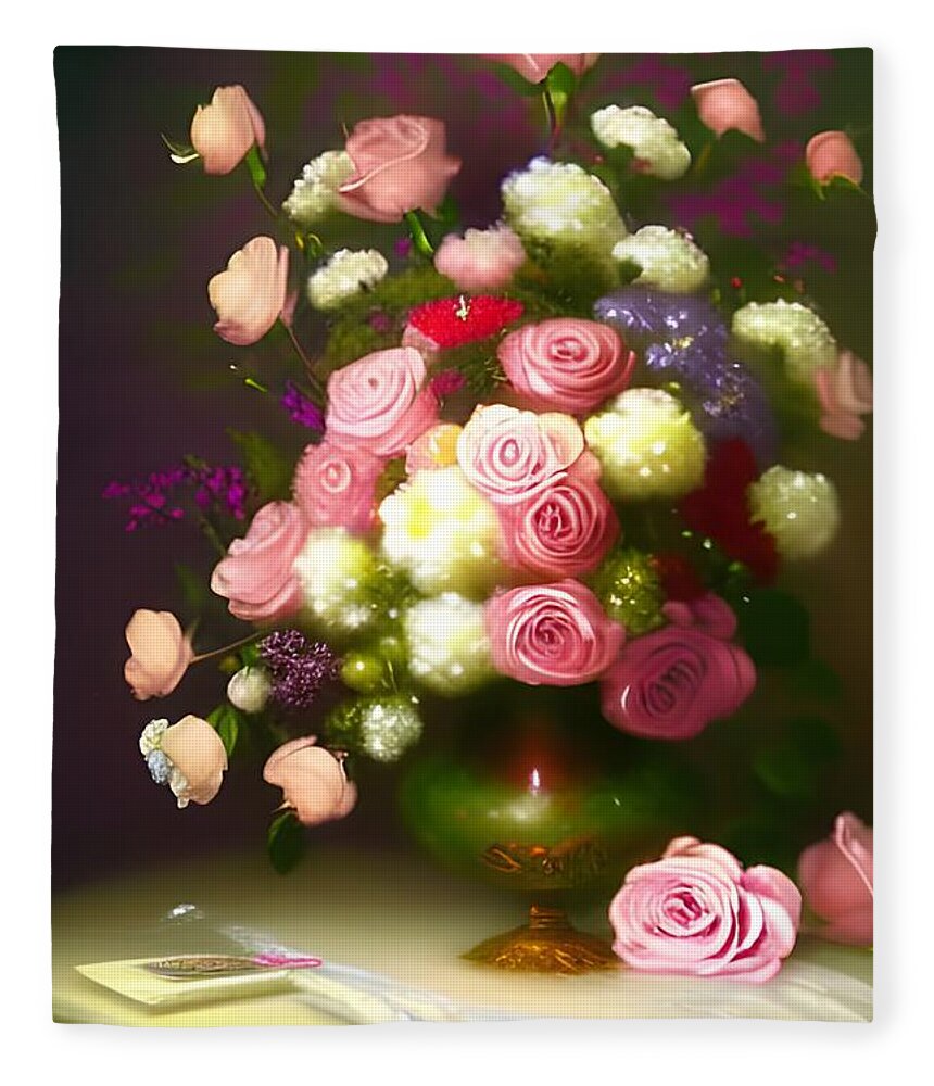 Bouquet Fleece Blanket featuring the digital art Classic Roses in Vase by Katrina Gunn