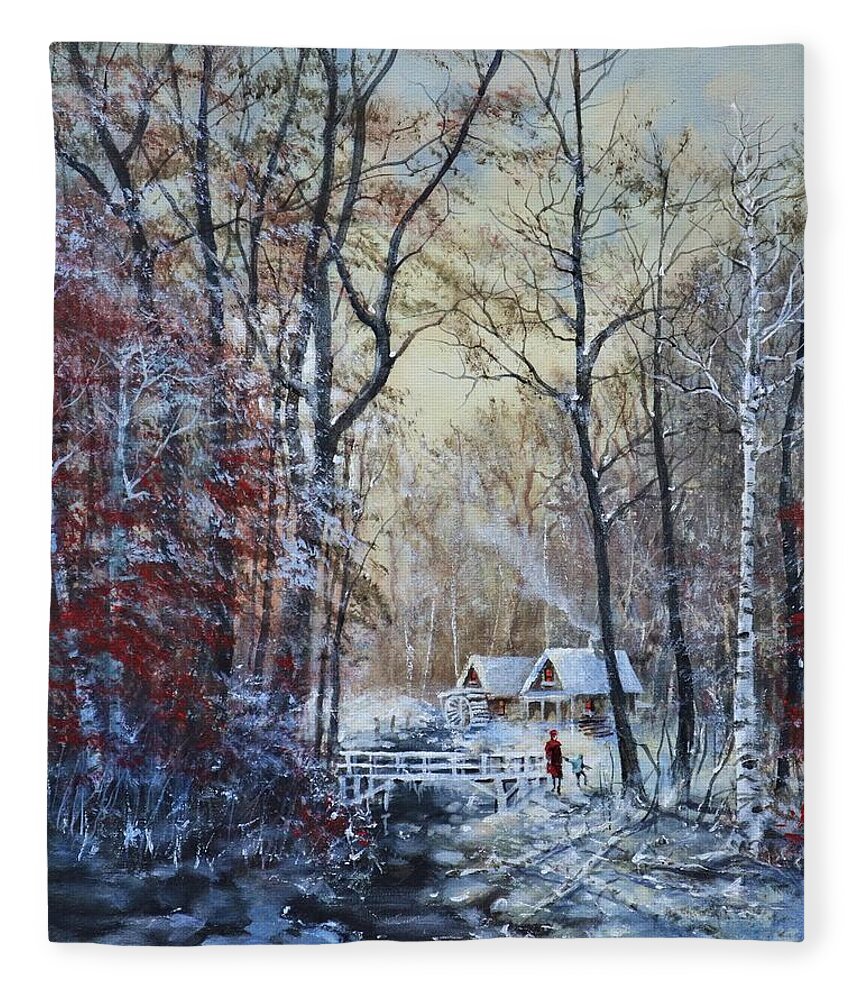 Currier And Ives Fleece Blanket featuring the painting Classic Snow Scene by Tom Shropshire