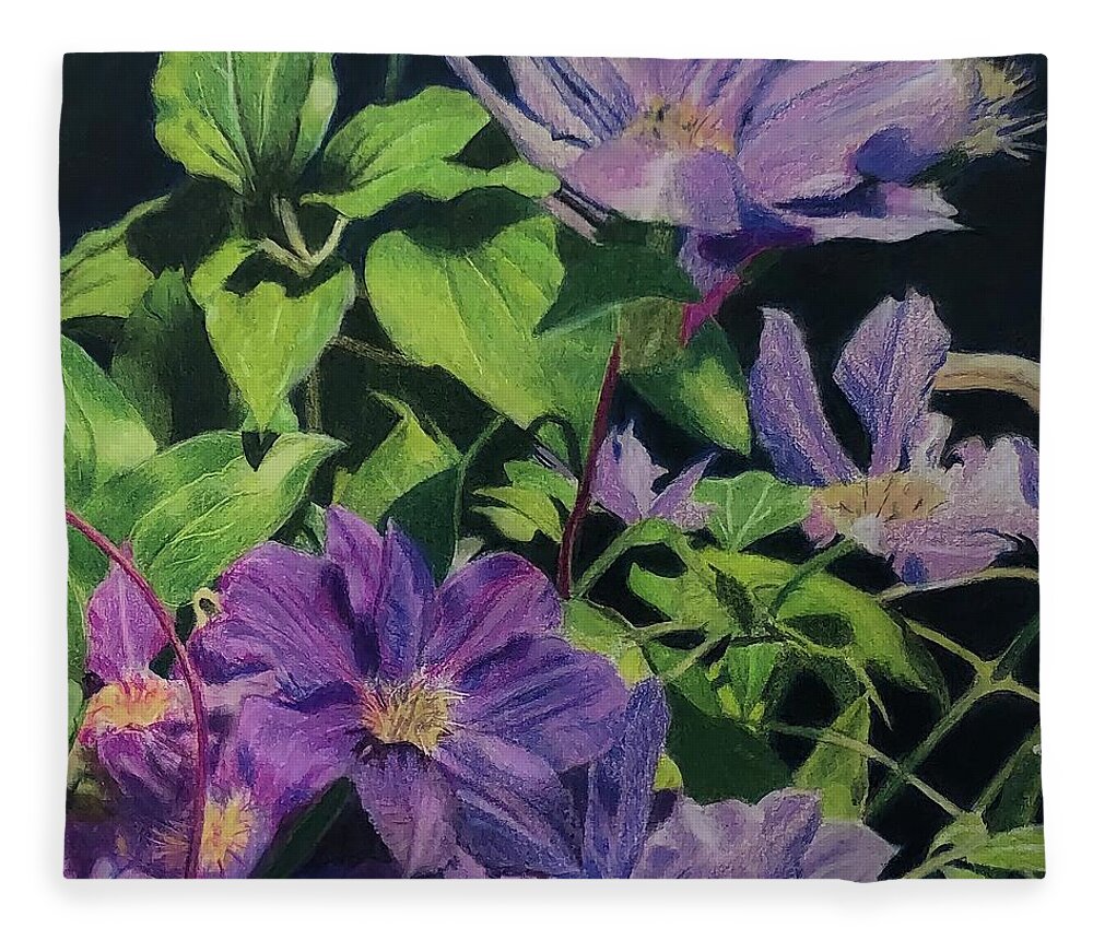 Floral Fleece Blanket featuring the drawing Clematis, Flores no Quintal by Ana Tirolese