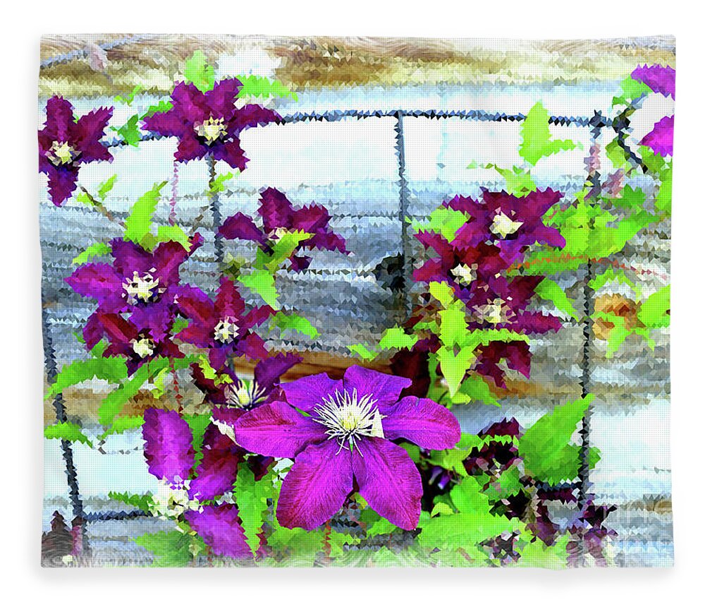 Flower Fleece Blanket featuring the photograph Clematis on Wire Trellis by Kae Cheatham