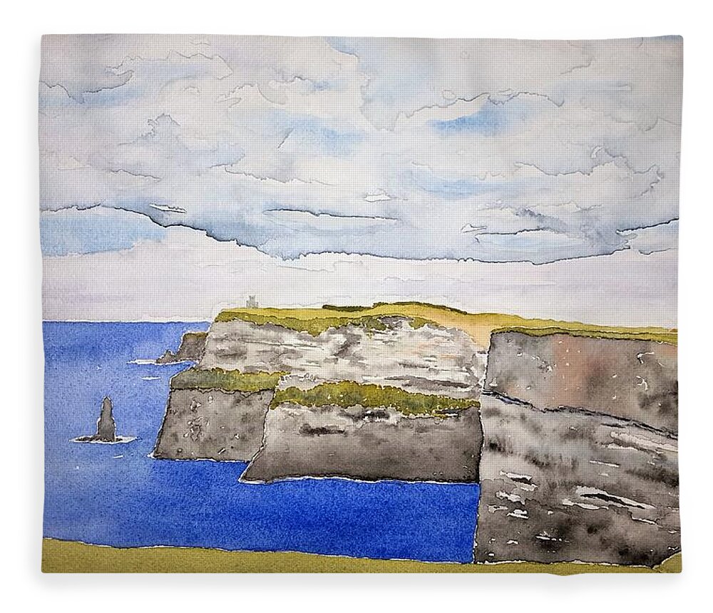 Watercolor Fleece Blanket featuring the painting Cliffs of Moher by John Klobucher