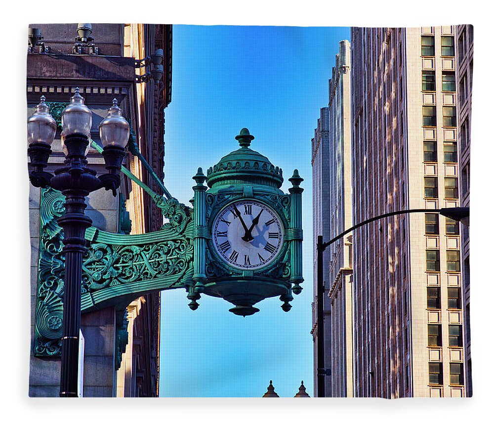 Clock Fleece Blanket featuring the photograph Clock - Downtown Chicago by Steven Ralser