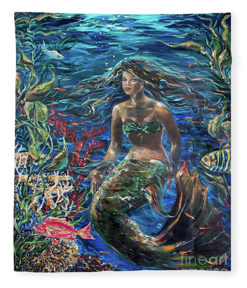 Mermaid Fleece Blanket featuring the painting Close to the Surface by Linda Olsen