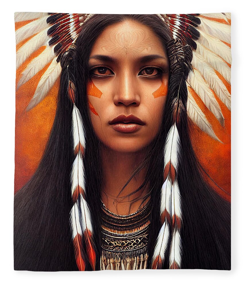 Beautiful Fleece Blanket featuring the painting Closeup Portrait Of Beautiful Native American Wom 44777eb4 86ef 451e 8412 15e4cf2e6574 by MotionAge Designs