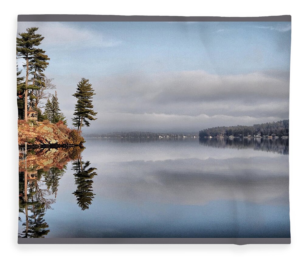 Clouds Fleece Blanket featuring the photograph Clouds Gazebo and Trees Reflected on Lake by Russel Considine
