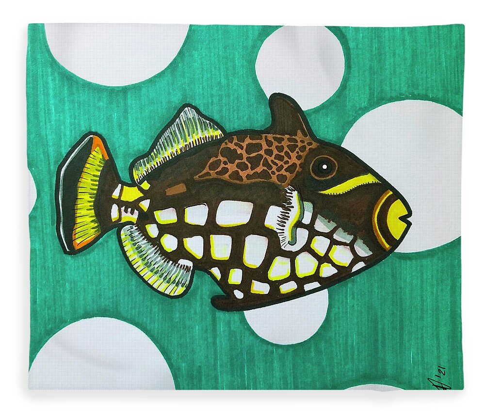 Clown Triggerfish Fleece Blanket featuring the drawing Clown Triggerfish by Creative Spirit