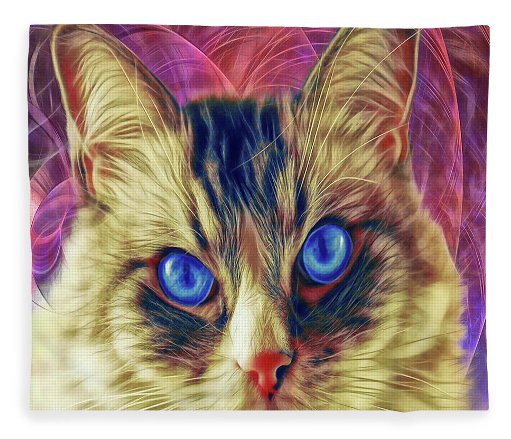 Cat Fleece Blanket featuring the digital art Cobalt Blues - Square Version by Studio B Prints