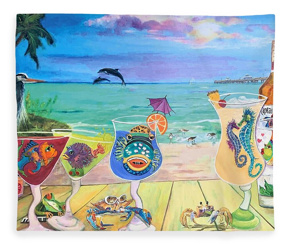 Beach Fleece Blanket featuring the painting Cocktail Time at Fort Myers Beach by Linda Kegley
