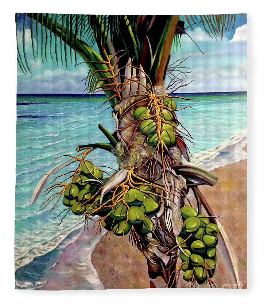 Coconuts Fleece Blanket featuring the painting Coconuts on beach by Jose Manuel Abraham